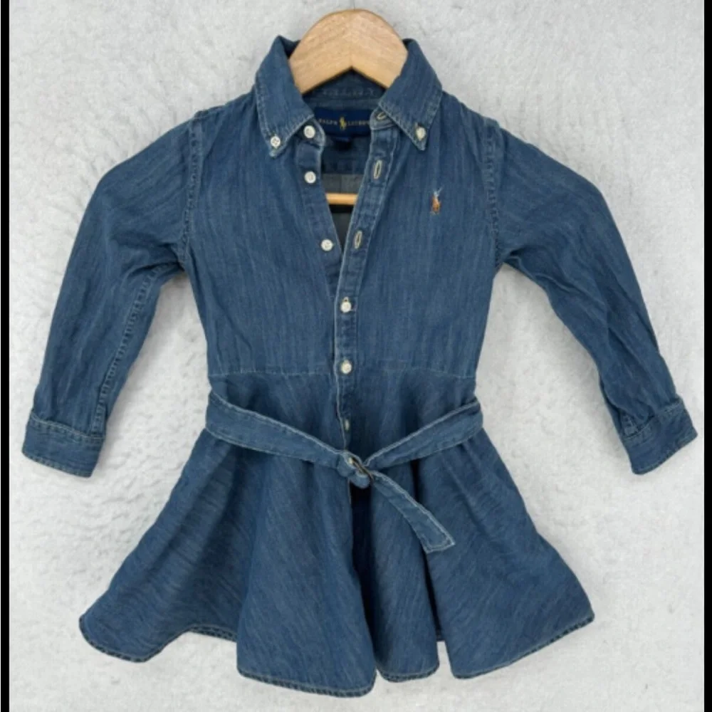 Ralph Lauren Girls' Denim Shirt Dress in Dark Blue with Contrast Cuffs